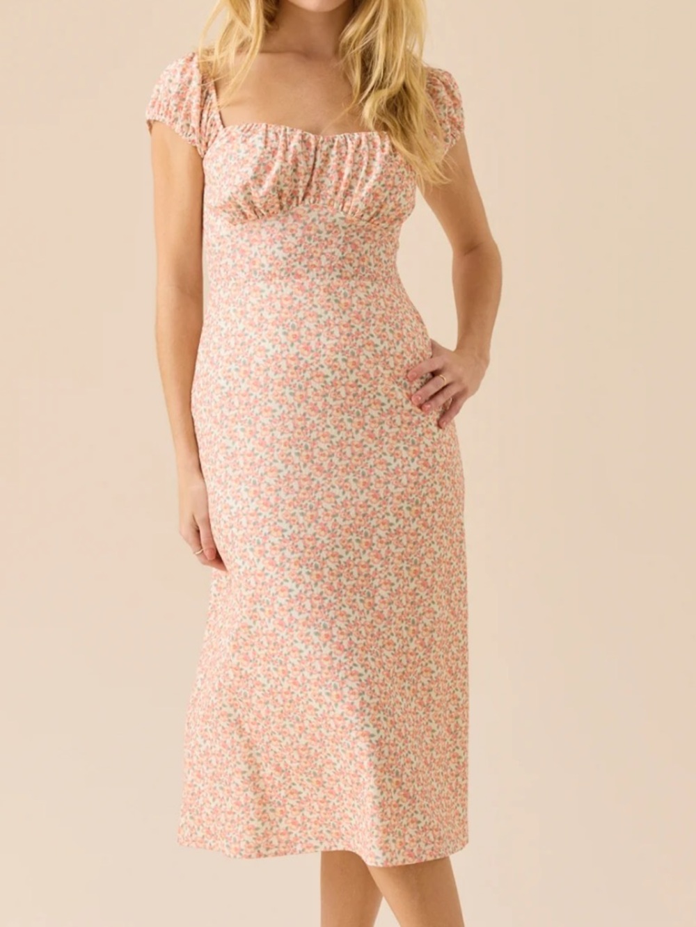 NWT- Altar'd State Peach & Cream Floral Square-Neck Puff Sleeve Midi Dress